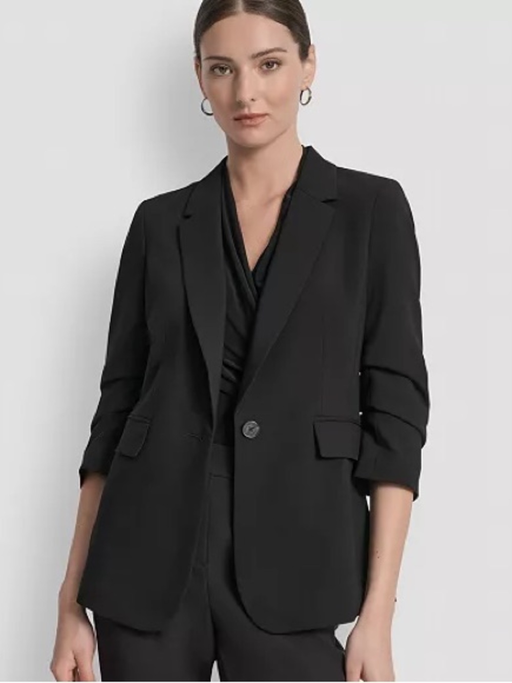 DKNY Black Ruched-Sleeve One-Button Blazer Size 14